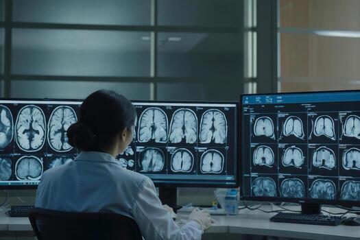 Back view of neurologist woman in a white lab coat is working on a computer with monitors displaying medical images brain photo