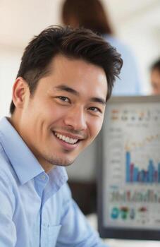 Smiling man in front of a computer monitor with charts in office. photo