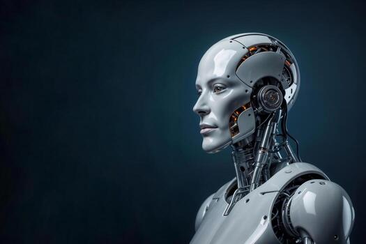 Robot on blue background. The concept of creating robot assistants photo