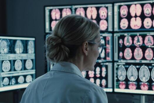 Neurologist woman in a white lab coat against the background of MRI with monitors displaying medical images brain. Back view photo