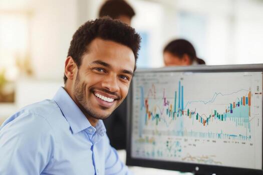 Businessman against white screen background with desktop computer charts in office. photo