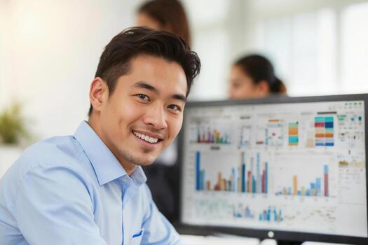 Manager man is smiling in front of a computer monitor with charts in office photo