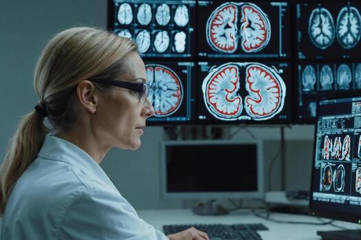 Portrait of serious woman neurologist is looking at a computer monitor displaying several brain scans. Brain research. She is wearing a lab coat and glasses photo