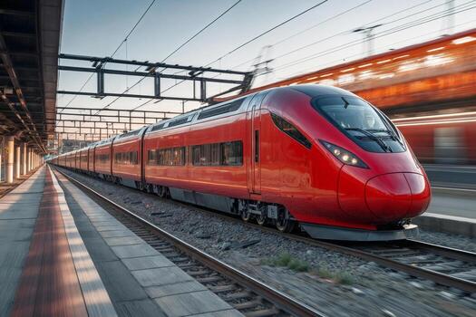 Speed red train in motion. Red train with motion blur background photo