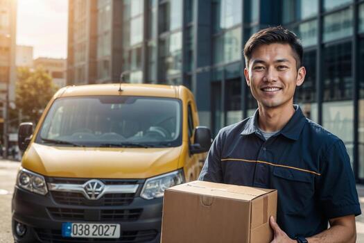 Delivery man is holding a box and smiling in front of a yellow van. The scene suggests a friendly and positive atmosphere, possibly indicating that the man is a delivery driver or a courier photo