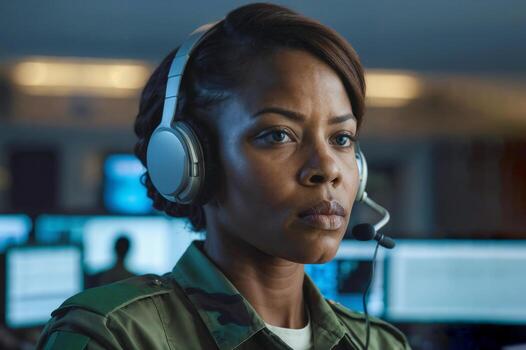 Serious African female military surveillance officer in headset working in the central army office for cyber operations, army call center. Technology and Army communications photo