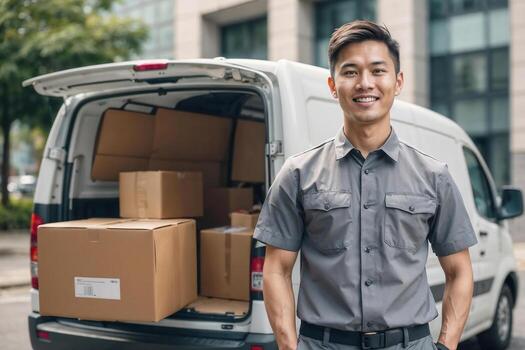 Asian man in a grey shirt stands in front of a white van with boxes in the back. He is smiling and he is happy. Delivery concept photo
