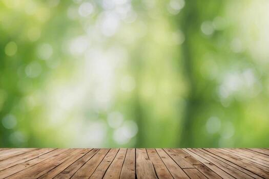 Abstract blur nature background with wooden floor, copy space available photo