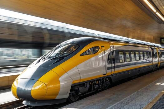 High-speed yellow and white train is sitting on the tracks. High-speed train is long and sleek, and it is moving quickly. Concept of speed and motion photo