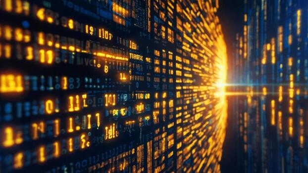 Digital blue interface with pixelated data stream, binary code, and encryption concept with glowing dots. photo