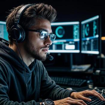 Gamer man wearing headphones and glasses is playing in game of a computer monitor photo