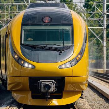 A yellow train with a black stripe on the front. The train is on the tracks and is moving photo