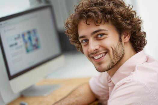 Face of happy young European man in office working on desktop computer photo