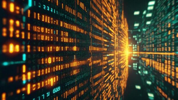 Digital blue interface with pixelated data stream binary code and encryption photo