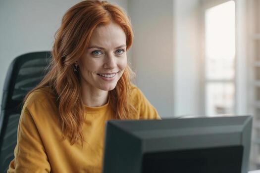 Portrait of happy cheerful woman with red hair is sitting in front of a computer monitor in office. She is smiling and she is happy photo