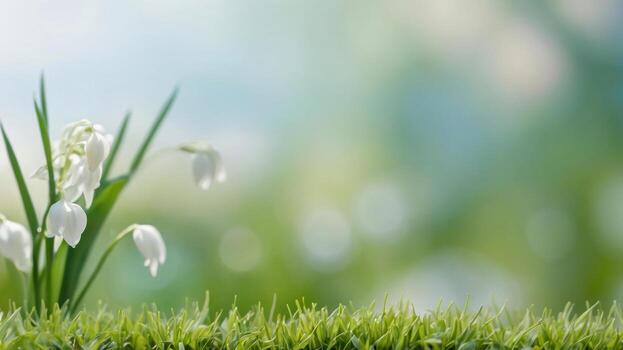 Spring or summer season abstract nature with white lilies and green grass on light blue blurred background photo