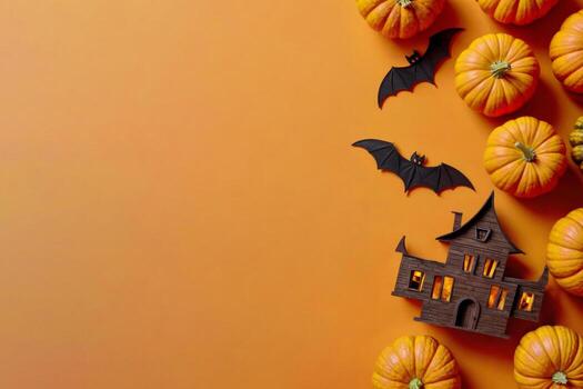 Halloween decorations with ghosts, with pumpkins and bats on an orange background with copy space. Scene is spooky and festive photo