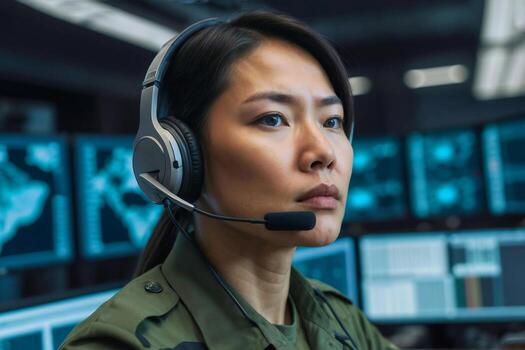 Asian female military surveillance officer in headset working in the central army office for cyber operations. Technology and Army communications photo