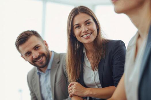 Portrait of happy three managers are smiling and posing for a photo sitting on conference