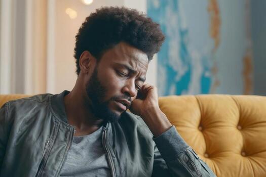 Afro man is sitting on a couch with his head down and crying, family problems. Relationship difficulties concept photo