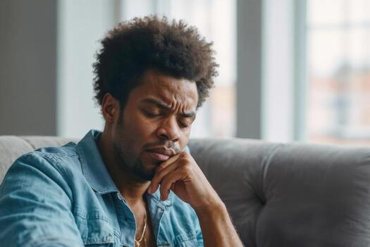 A young African man sits on a sofa with a serious expression, family problems. Relationship difficulties concept photo