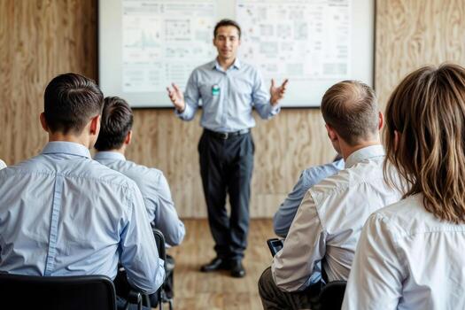 A man is giving a presentation to a group of people in a conference room. The audience is attentive and listening to the speaker. The room is equipped with a large screen photo