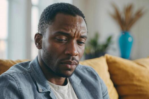 Black man sits on a sofa with a serious expression, family problems. Relationship difficulties concept. photo