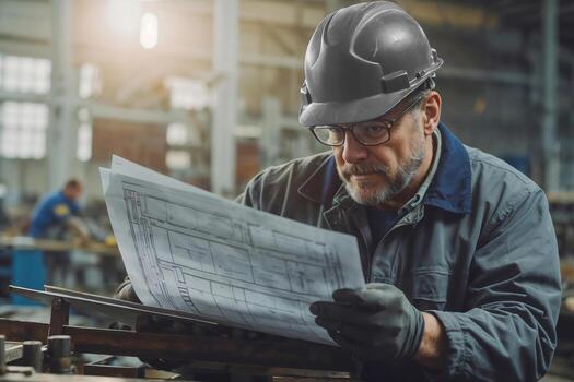 European man metalworker in factory wearing a blue helmet and safety glasses is reading a piece instructions on blueprint photo