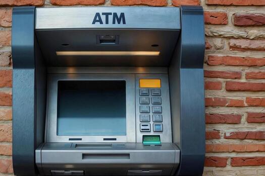 View of a street ATM. Close up view of ATM keypad with withdrawal. ATM machine photo