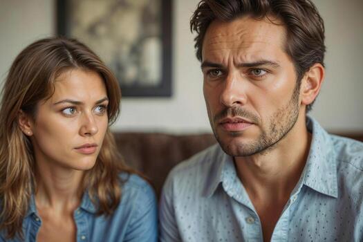 A man and woman are sitting on a couch, the man with a frown on his face, problem in family photo