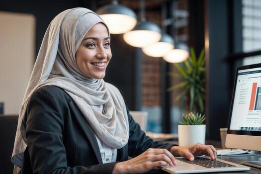 Happy manager Arabian woman wearing hijab against white screen background with desktop computer charts in office photo