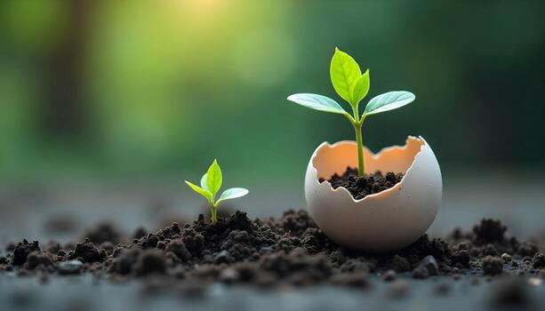 Green Sprout Growing in Eggshell on Soil in Natural Light photo