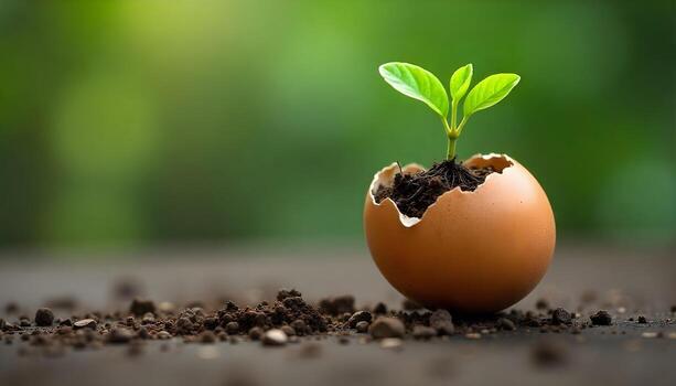 Green Sprout Growing in Cracked Eggshell with Soil on Table photo