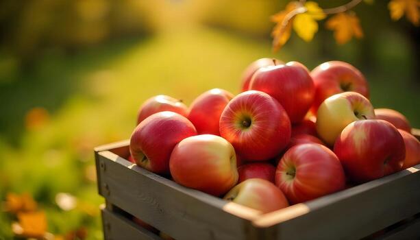 Ripe Red Apples in Wooden Crate in Sunny Orchard photo