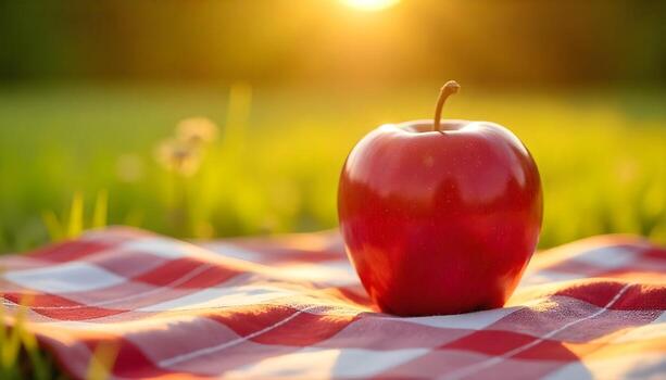 Shiny Red Apple Sitting on Gingham Blanket in Grassy Meadow with Golden Sunlight photo