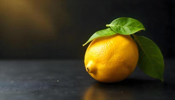 Fresh Yellow Lemon with Green Leaves on Dark Surface with Soft Lighting photo
