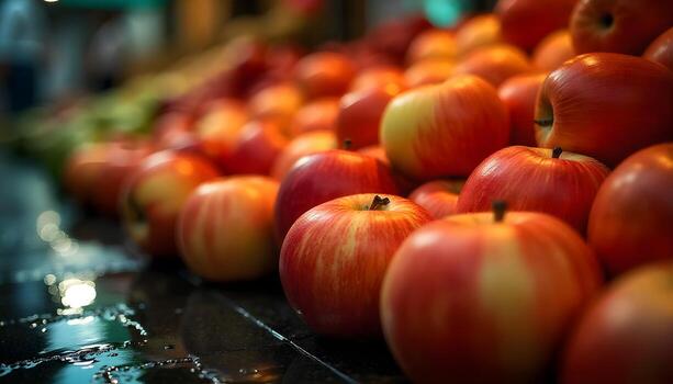 Fresh Red Apples Pile on Dark Surface at Market photo