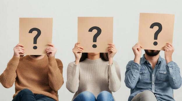 Professional team members covering faces with question marks, signaling workplace communication challenges and collaborative problem solving strategies photo