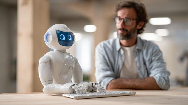 Humanoid robot using a keyboard while a man watches closely in a modern workspace. Concept of artificial intelligence, robotics and future technology photo