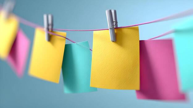 Colorful sticky notes in vibrant hues of yellow, pink, and blue are clipped to a string against a soft blue background, creating an engaging and cheerful workspace atmosphere photo