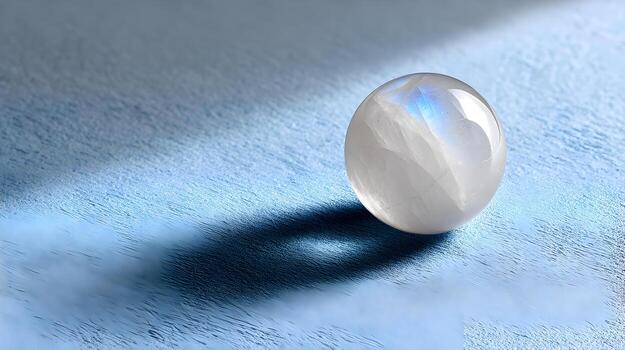 Polished moonstone sphere resting on textured blue surface, soft lighting highlighting stone's luminescent qualities and creating subtle, ethereal shadow pattern photo