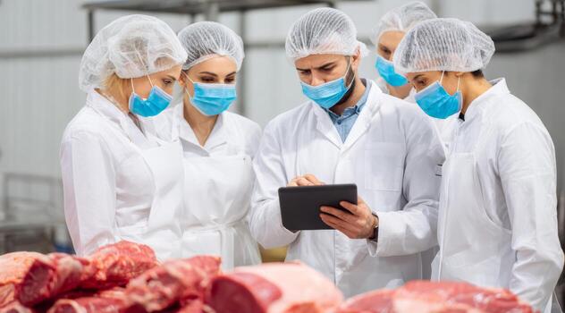Group of butchers with protective clothing working with raw meat in processing facility photo