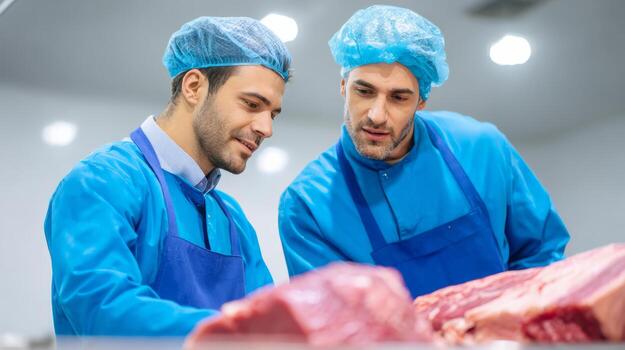 Two butchers working with raw meat in food processing plant photo