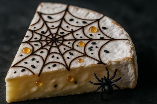 Macro food detail of brie cheese decorated with spiderweb lines, tiny decorative spider prop near rind, honey droplets and black sesame, 45 degree angle shallow depth, dark slate background Halloween photo