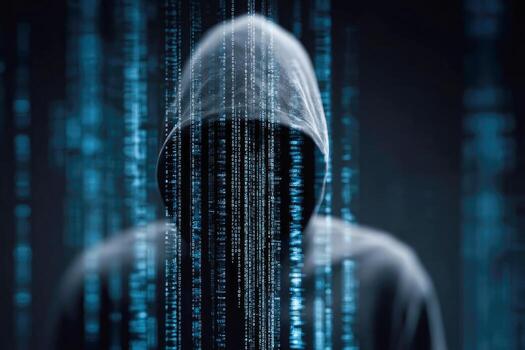 Cyber attack, system breaking and malware concept. Dangerous Hooded Hacker Breaks into Government Data Servers and Infects Their System with Virus. His Hideout Place has Dark Atmosphere photo