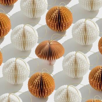 Top view of white beige honeycomb paper Christmas ornaments in minimal trend creative pattern on light background. New Year balls and one fungus with sun shadows, graphic layout modern holiday design. photo