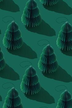 Festive green pattern of paper Christmas ornaments shaped tree on green, minimal monochrome holidays layout. Geometric texture of paper Honeycomb baubles. Christmas and New Year event invitations photo