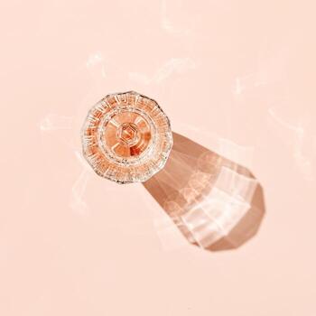 Top view One glass of rose wine on peach color background with beautiful shadows at sunlight. Vintage wineglass minimal style photo, closeup sparkling alcohol drink above view, summer drink concept photo