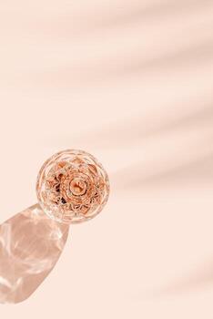 Top view One glass of rose wine on peach color background with palm leaf shadows at sunlight. Vintage wineglass minimal style photo, closeup sparkling alcohol drink above view, summer drink concept photo