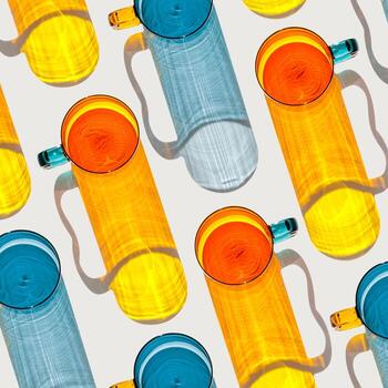 Orange and blue Colored Glasses pattern with shadow and sunlight reflection on white background, minimal aesthetic top view summer still life, refraction at shine drink, caustics photo
